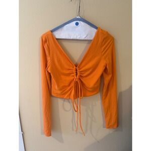Unbranded Orange Ribbed Long Sleeve Drawstring Cinched Crop Top Size L